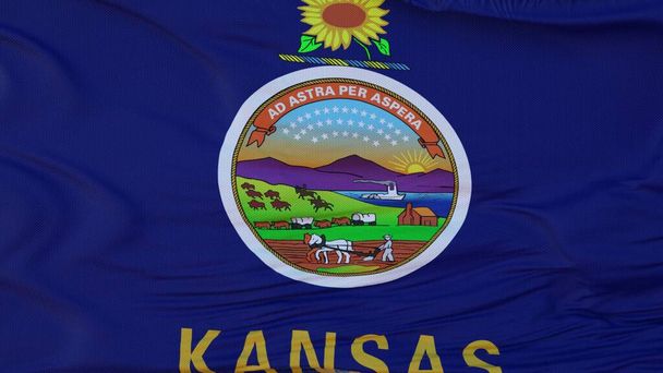 Bandera del estado de Kansas, región de los Estados Unidos, ondeando al viento. ilustración 3d. - Foto, Imagen