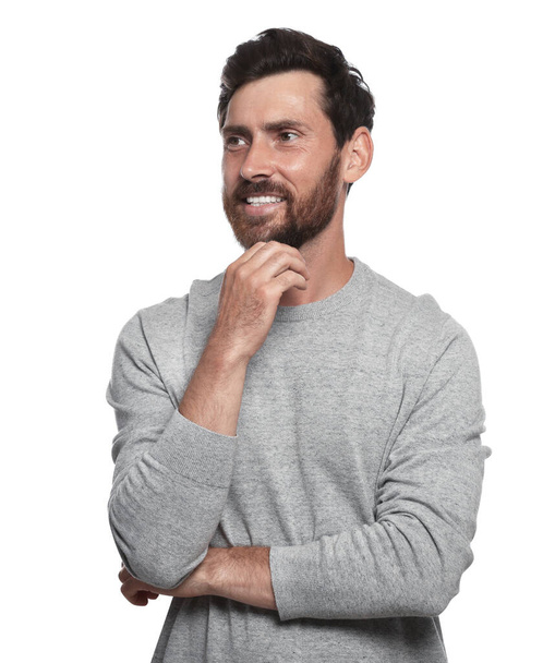 Portrait of smiling bearded man on white background - Фото, изображение