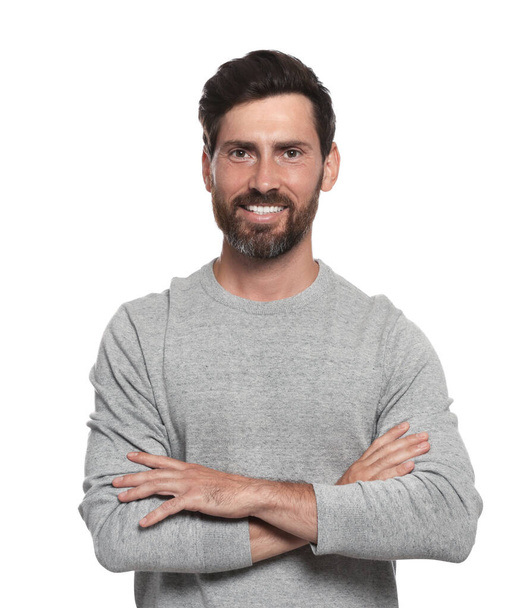 Portrait of smiling bearded man on white background - Foto, Imagen