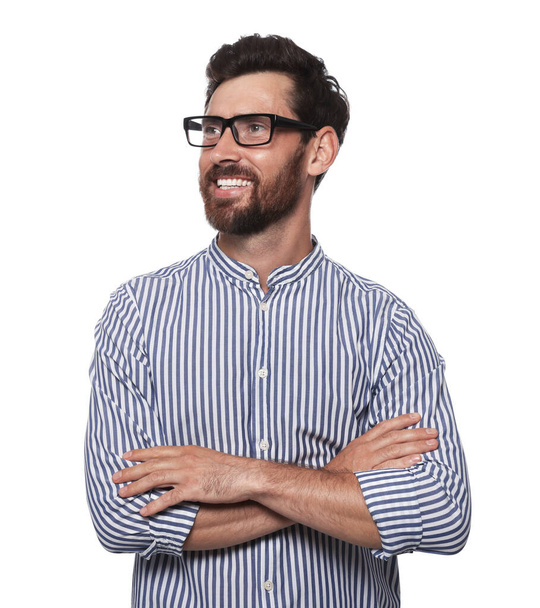 Portrait of happy bearded man with glasses on white background - Zdjęcie, obraz