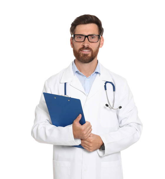 Doctor with stethoscope and clipboard on white background - Foto, imagen