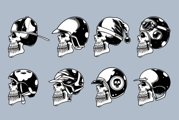 skull head with various helm on illustration set monochrome style - Vektor, obrázek