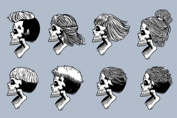 skull head with various hair and open mouth illustration set monochrome style - Vector, Imagen