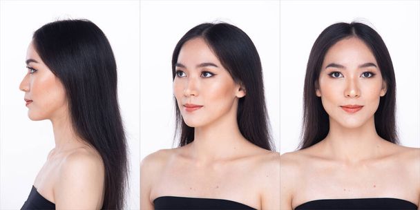 Beautiful fresh skin woman open shoulder with clean look make up and long black hair. Portrait young girl in attractive natural fashion face express feel smile, show eye lip, isolated white background - 写真・画像