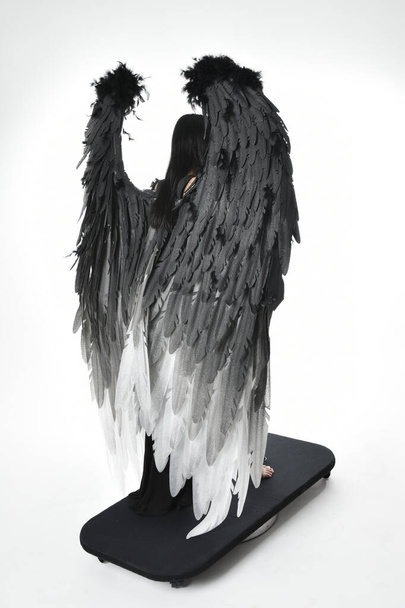 full length portrait of beautiful asian model with dark hair, wearing black gothic skirt costume, angel feather wings with horned headdress. Standing pose  isolated on studio background. - 写真・画像