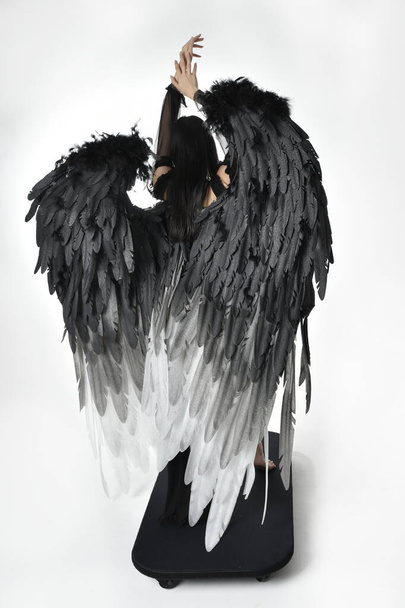 full length portrait of beautiful asian model with dark hair, wearing black gothic skirt costume, angel feather wings with horned headdress. Standing pose  isolated on studio background. - Valokuva, kuva