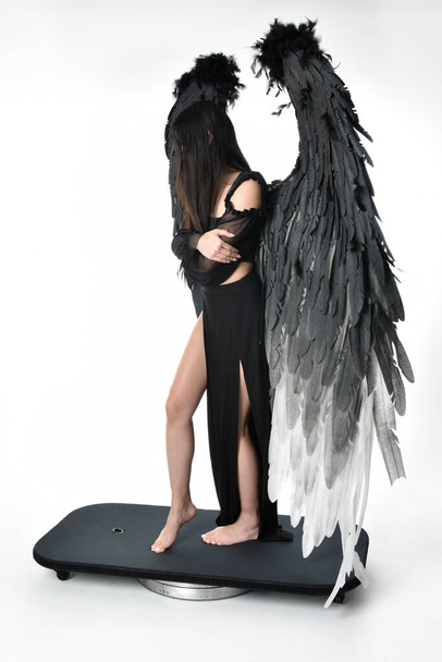 full length portrait of beautiful asian model with dark hair, wearing black gothic skirt costume, angel feather wings with horned headdress. Standing pose  isolated on studio background. - Фото, зображення