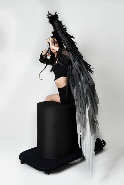 full length portrait of beautiful asian model with dark hair, wearing black gothic skirt costume, angel feather wings with horned headdress. Sitting pose  isolated on studio background. - Fotografie, Obrázek
