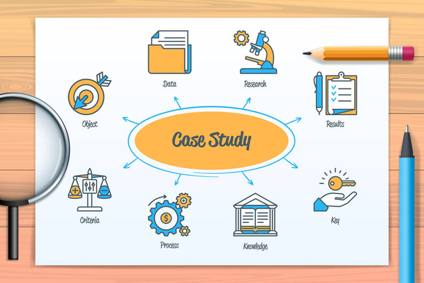 Case study chart with icons and keywords. Object, research, criteria, data, process, key, knowledge, result. Web vector infographic - Vektori, kuva