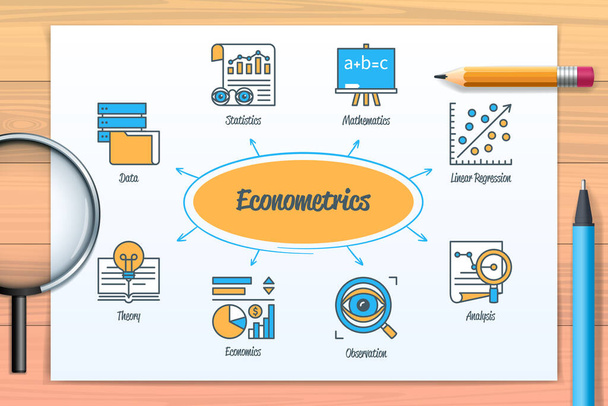 Econometrics chart with icons and keywords. Economics, statistics, data, linear regression, theory, analysis, mathematics, observation icons. Business banner. Web vector infographic - Vektor, kép