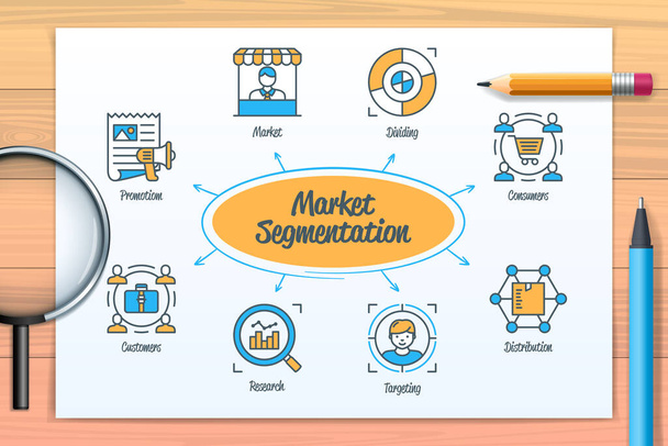 Market segmentation chart with icons and keywords. Dividing, customers, research, market, distribution, targeting, promotion, consumers icons. Business banner. Web vector infographic - Vector, Imagen