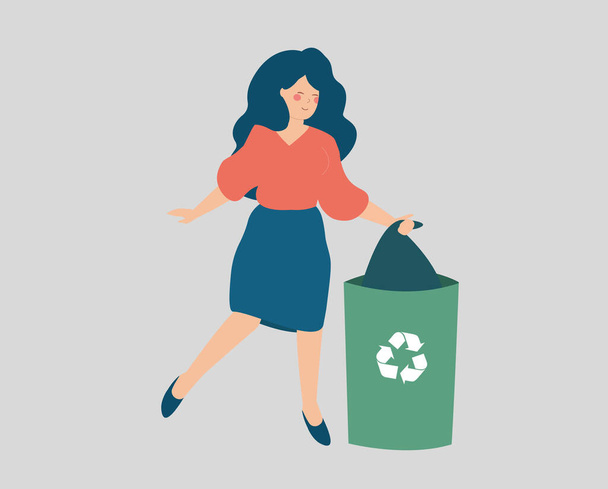 Ευτυχισμένη νεαρή γυναίκα πετάει σκουπίδια, σκουπίδια ή σκουπίδια σε κάδο απορριμμάτων με ένα σύμβολο ανακύκλωσης. Πράσινη οικολογία, προστασία του περιβάλλοντος και έννοια ημέρα της γης. Εικονογράφηση διανύσματος. - Διάνυσμα, εικόνα