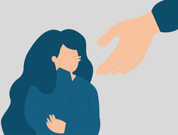 A hand helps a woman to get rid of stress and depression. Sad girl needs support, and care due to abuse and violence. A female teenage crying and covering her face. Mental health disorder concept. - Vector, afbeelding