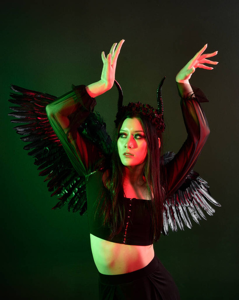 portrait of beautiful asian model with dark hair, wearing black gothic skirt costume, angel feather wings with horned headdress. Posing with gestural hands  on dark silhouette  studio background. - Foto, Bild