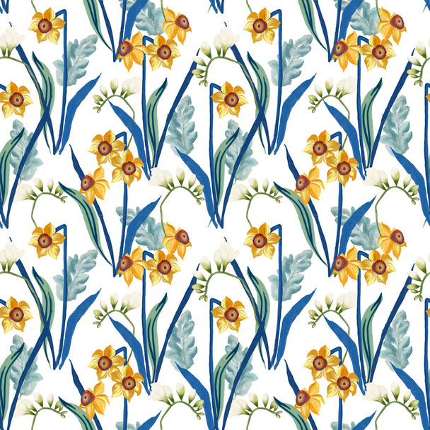 Hand-painted watercolor daffodils freesia and leaf repeat seamless pattern  - Valokuva, kuva