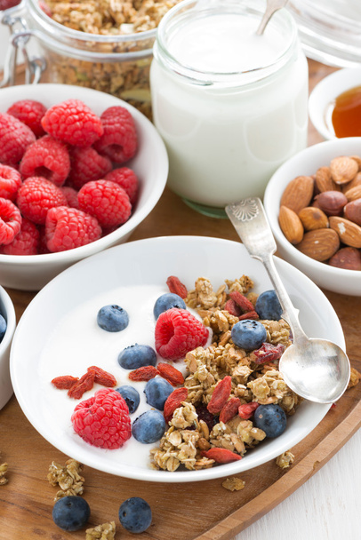 Homemade muesli with fresh berries and yogurt, vertical - Foto, immagini
