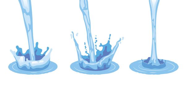 Three isolated light blue realistic pouring water splashes flat colored icon set vector illustration - Vetor, Imagem