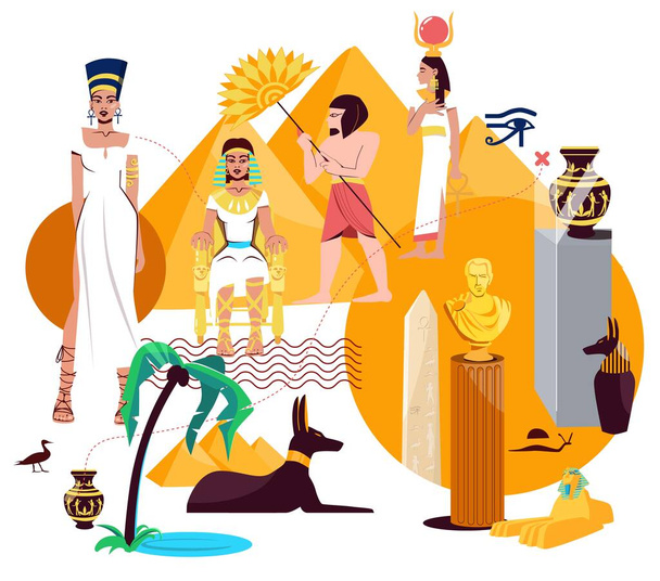 Cleopatra flat collage with pharaoh figure egyptian gods cultural items color vector illustration - Vektör, Görsel