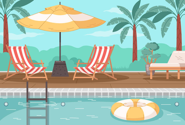 Outdoor swimming pool colored background with chaise lounges under umbrella and palm trees cartoon vector illustration - Vecteur, image