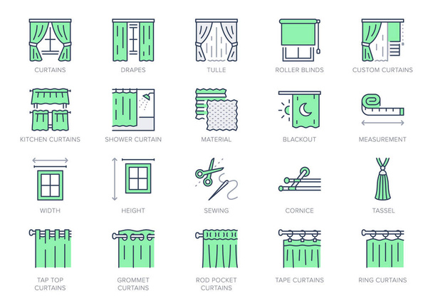 Curtains line icons. Vector illustration include icon - window, cornice, rail, tulle, bobbinet, grommet, roller outline pictogram for interior blackout material. Green Color, Editable Stroke. - Vector, Image
