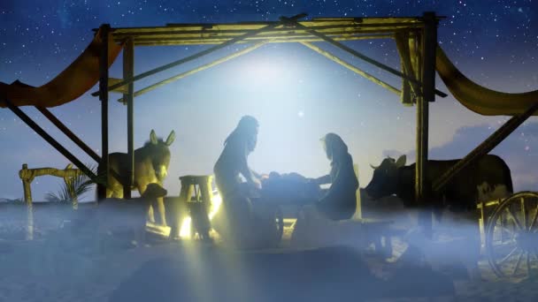 Christian Christmas Nativity Scene of baby Jesus, scene of Baby Jesus in a manger with Mary and Joseph silhouettes render 3d  - Imágenes, Vídeo