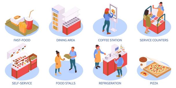 Food court isometric compositions set with food stalls isolated vector illustration - Vector, Image