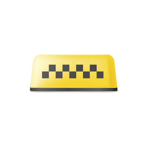 Panneau de toit de taxi réaliste jaune vue de face, illustration vectorielle isolée sur fond blanc. Accessoire de voiture, design distinctif à carreaux pour le service de taxi, icône de cabine - Vecteur, image
