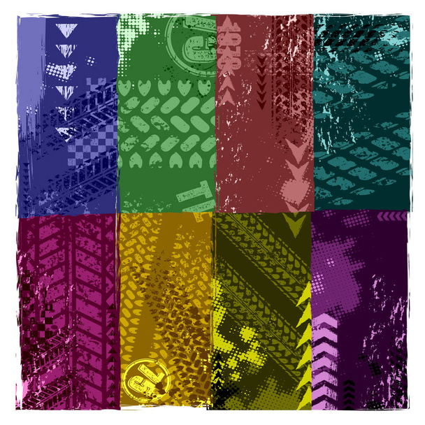 Σετ από οκτώ χρωματιστά πανό grunge με διαφορετικά ίχνη ελαστικών και δείγμα κειμένου. Custom made στοιχεία σχεδιασμού μεταφορών για διαφορετικές αθλητικές διοργανώσεις και προσκλήσεις - Διάνυσμα, εικόνα