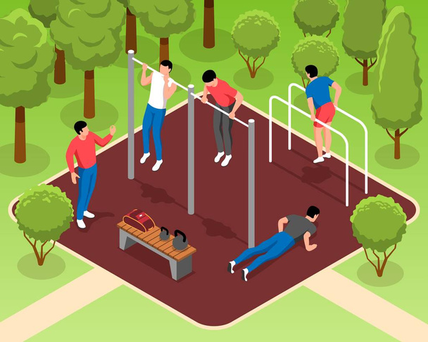 Мужчины делают упражнения на спортивной площадке в парке 3d изометрической векторной иллюстрации - Вектор,изображение