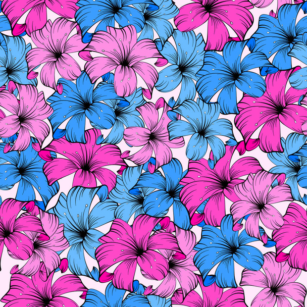 Floral colorful seamless pattern. Lilies pink and blue. Prints, packaging template, textiles, bedding and wallpaper. - Vector, afbeelding