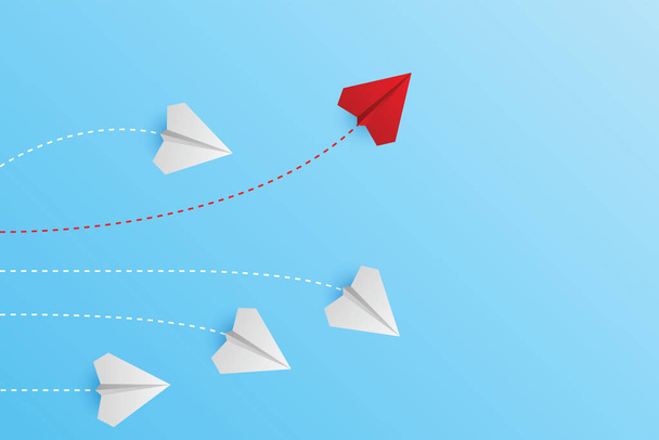 Creatief papier vliegtuigen op blauwe achtergrond. Denk er anders over. Rood vliegtuig verandert van richting. Nieuw idee, verandering, trend, moed, creatieve oplossing, innovatie en uniek concept. - Vector, afbeelding