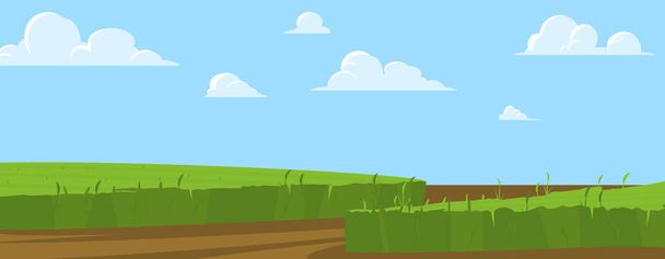 Summer day rural country landscape with green fields, flat vector illustration. Countryside background or scenery with cereal plants growing in fields. - Vettoriali, immagini
