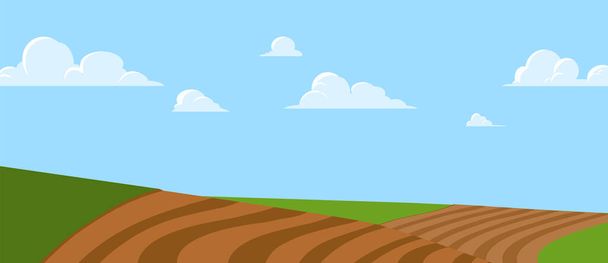 Farm field landscape, green hills with agricultural field - flat vector illustration. Sunny summer countryside landscape. Harvesting concept. Cartoon farmland with blue sky and clouds. - Vector, Image