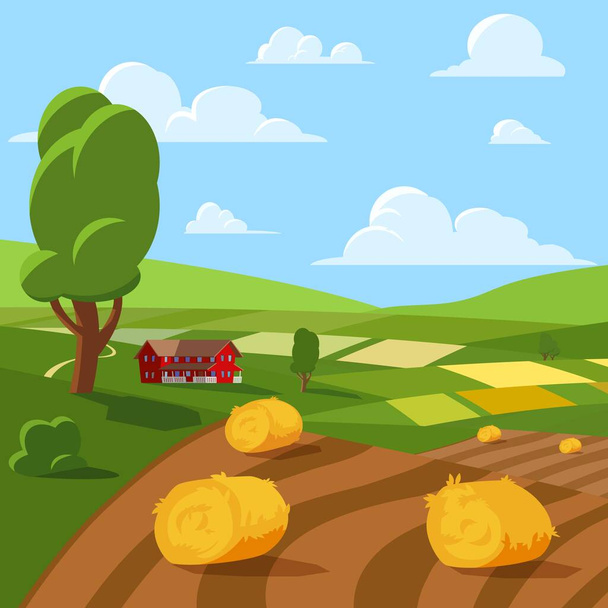 Bright colorful rural landscape of farm field flat style, vector illustration. House, trees and hay bales. Countryside nature scene, blue sky with clouds - Vector, Image