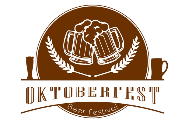 Oktoberfest logo, badge or label set. Beer festival poster or banner design elements. German festival signs. Stamp or seal with beer mugs and hops close up. - Photo, image