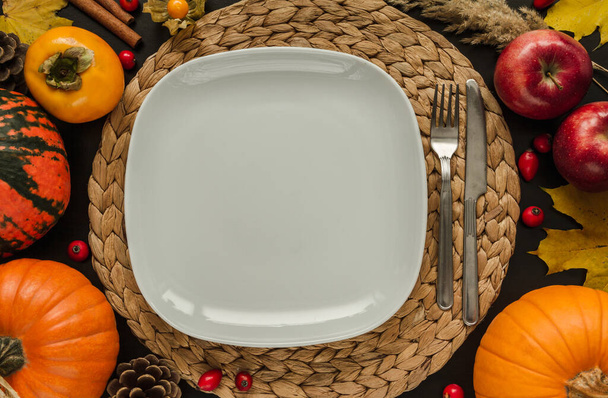 Λευκό πιάτο και μαχαιροπήρουνα που περιβάλλεται από κολοκύθες, φύλλα, μήλα, τριανταφυλλιές και κώνους. Φθινοπωρινό flat lay top view σύνθεση για δείπνο Ευχαριστιών. - Φωτογραφία, εικόνα