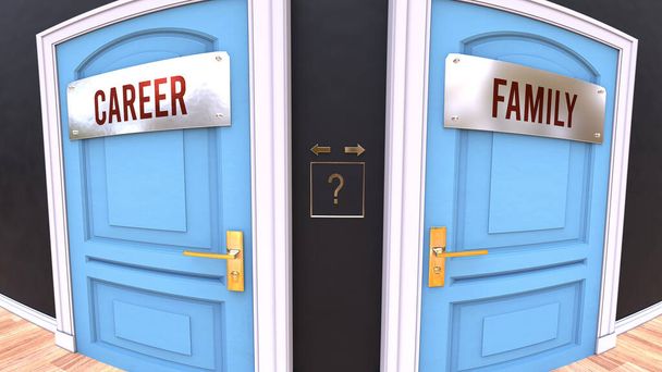 Career or Family - a choice. Two options to choose from represented by doors leading to different outcomes. Symbolizes decision to pick up either Career or Family. - Foto, Imagen