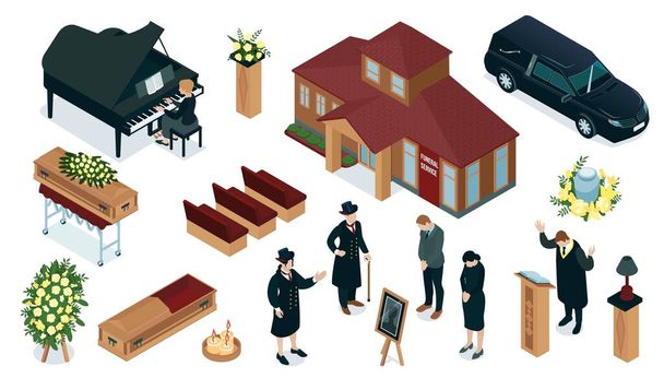 Isometric set with building hearse coffin guests and various elements for funeral service isolated 3d vector illustration - Vecteur, image