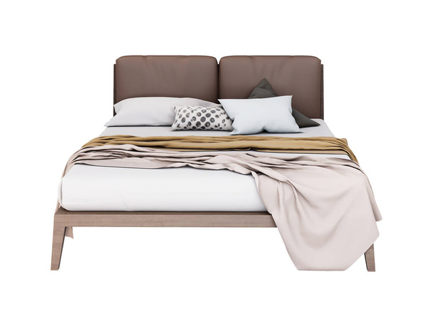 3d Мебель современная двуспальная кровать изолированы на белом фоне, Дизайн украшения для спальни., 3D рендеринг - Фото, изображение