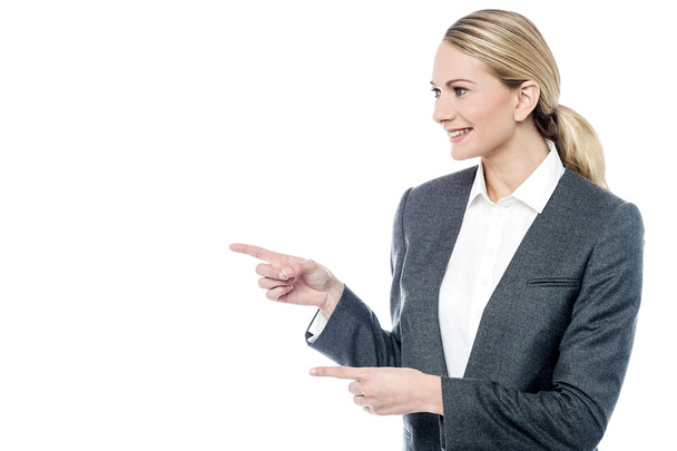 Business woman pointing by hands - Fotoğraf, Görsel