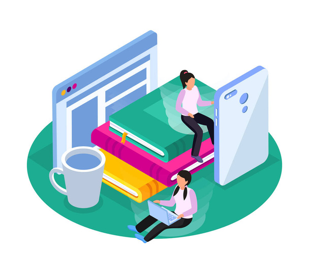 Online library composition with people reading ebooks on smartphone and laptop 3d isometric vector illustration - Vettoriali, immagini