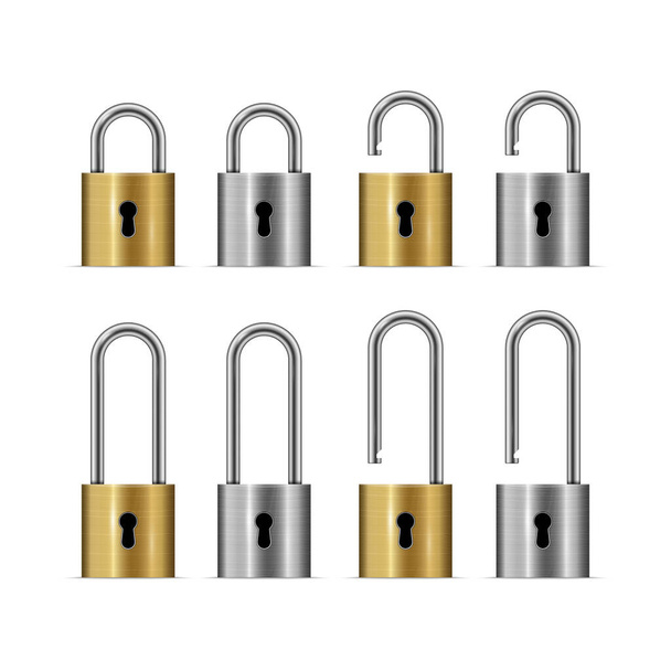 Gold and silver locked and unlocked padlock isolated on white background, vector illustration - Vetor, Imagem