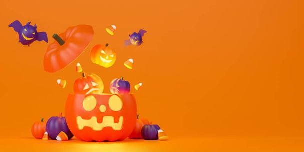 3d rendering Jack O Lantern with bat and candy corn on orange background. Concept Halloween day illustration. - Photo, Image