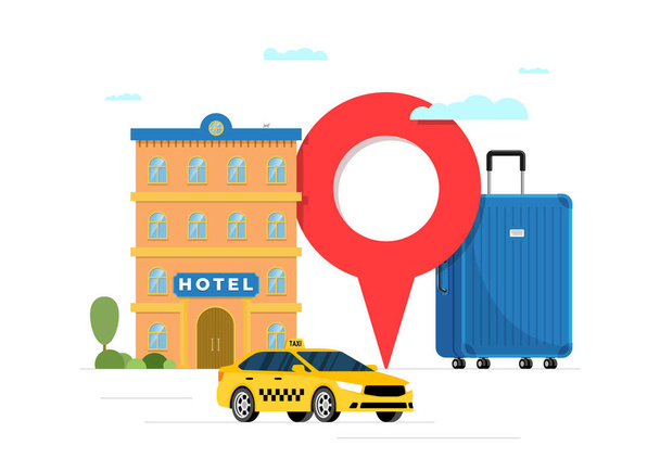 Hotel booking and taxi transfer service for vacation tourism concept. Travel apartment and transport reservation banner. Motel building with baggage suitcase and location pin vector eps illustration - Vector, Imagen