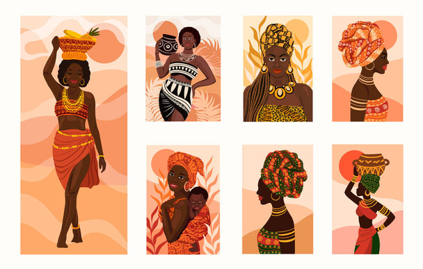 Beautiful ethnic African women flat style portraits collection. Vector illustrations - Vector, Imagen