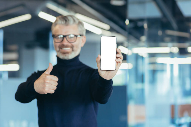 Successful gray haired senior businessman showing phone screen on white background, man in modern office holding thumb up recommending, mature investor looking at camera - Fotoğraf, Görsel
