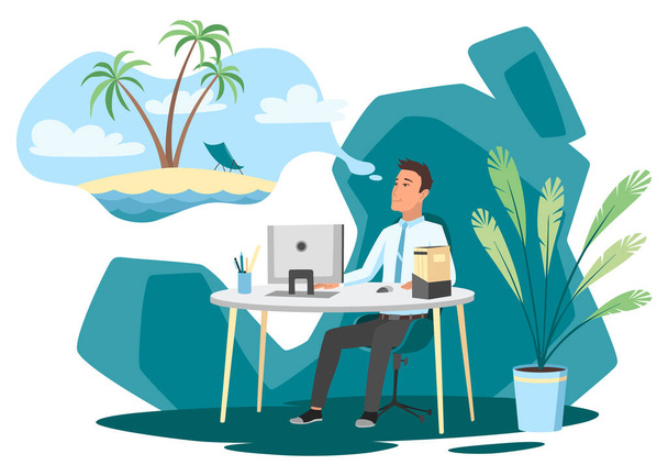 Office worker dreaming about vacation. Business man is relaxing and dreaming about something at his work place. Modern office interior. Business concept. - Vector, Imagen