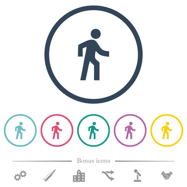 Man walking right flat color icons in round outlines. 6 bonus icons included. - Vector, Image