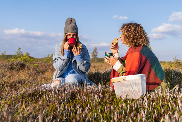 Couple of relaxing adult sisters holds picnic drinking hot tea with sandwiches sitting on meadow against blue sky. Happy women enjoy picnic on swamp uniting with nature. Season and leisure concept - Photo, image