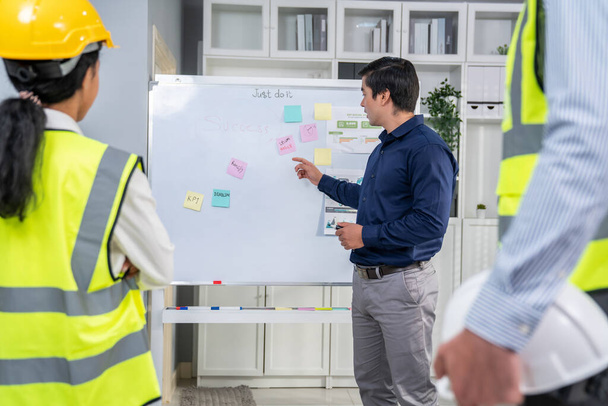 A team of investor and competent engineers brainstorming on the whiteboard to find new ideas and making plans. The idea of a team gather ideas together. - Foto, imagen
